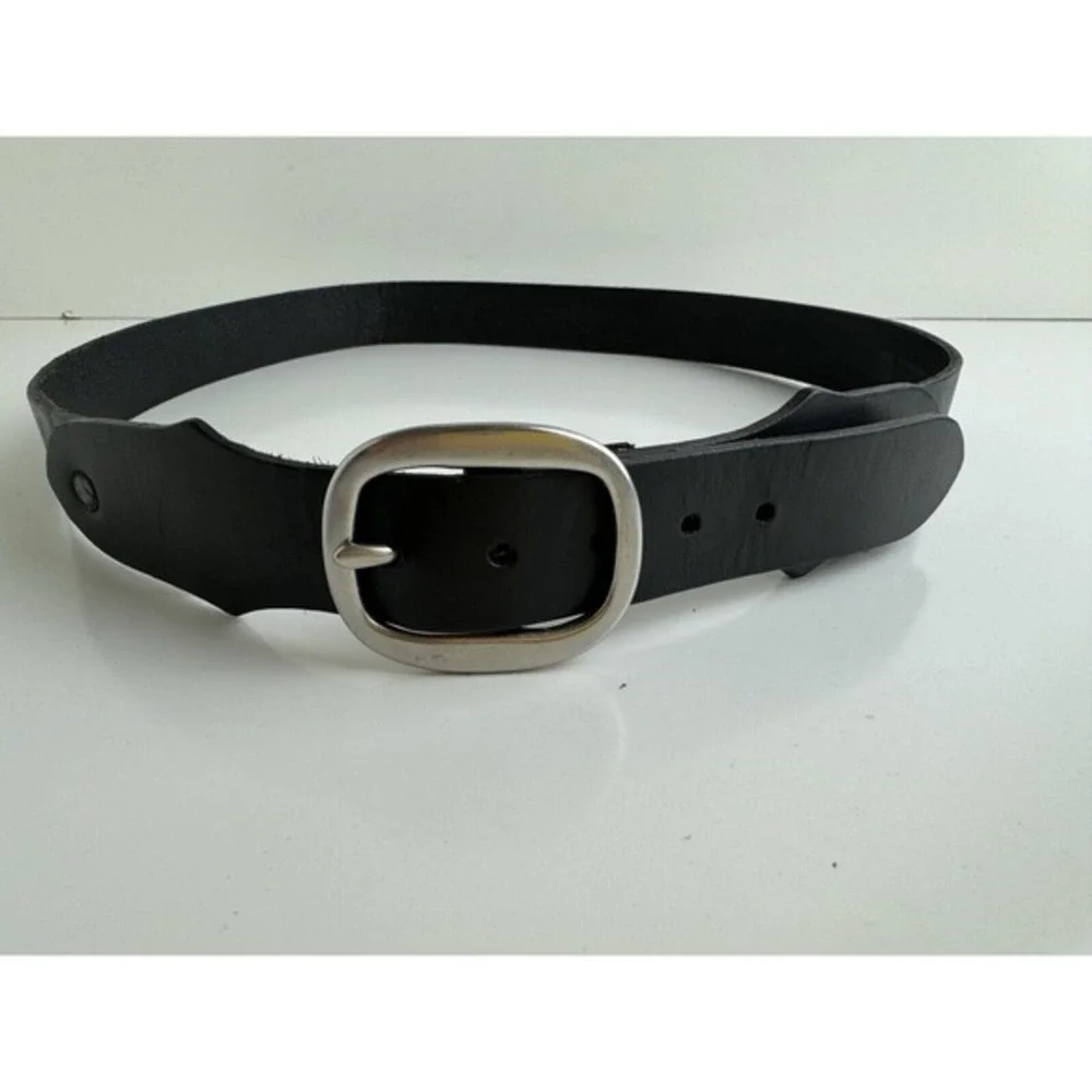 Gap Black Genuine Cow Leather Belt Silver‎ Oval Buckle M Preppy Academia 47-64